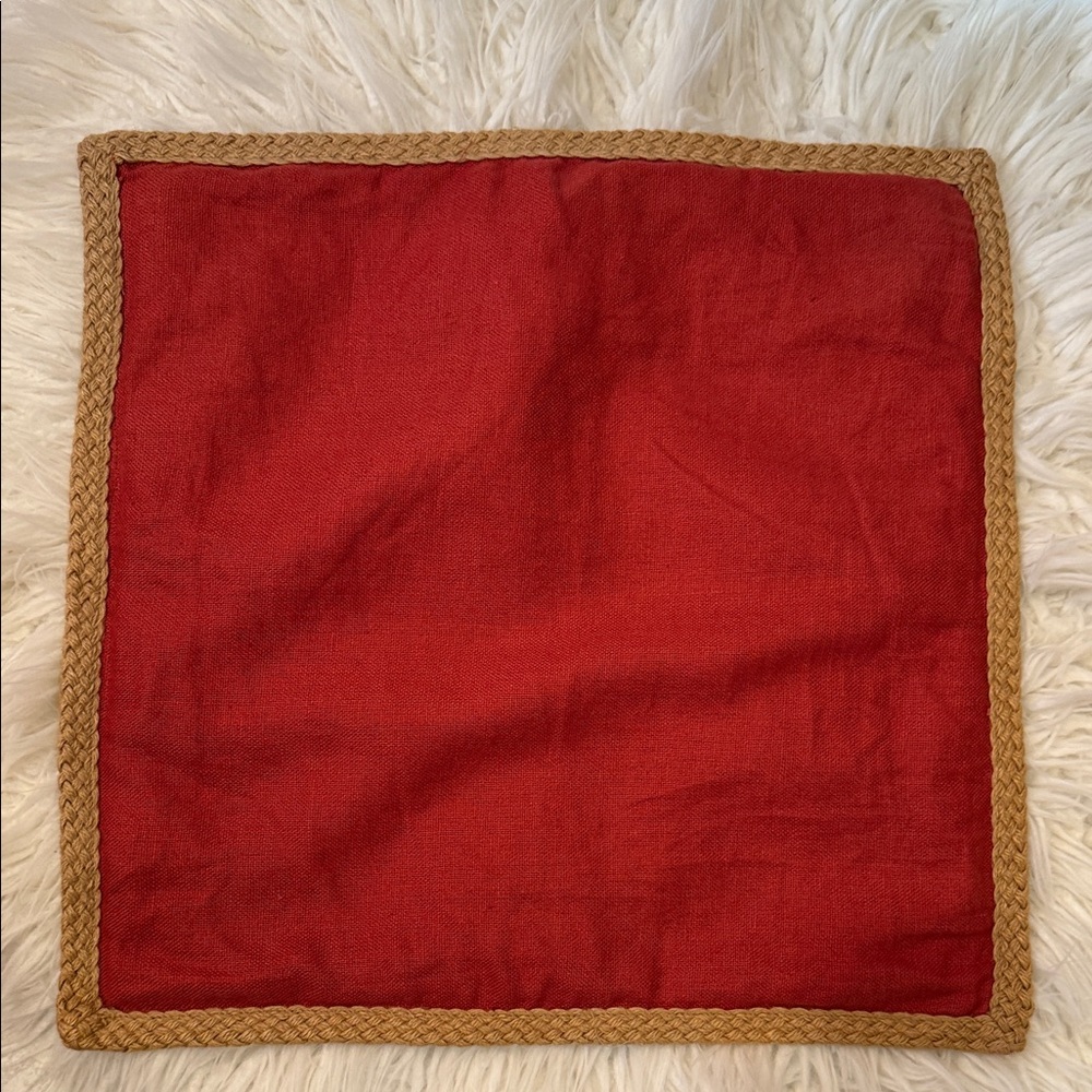 Pottery Barn Red Linen Accent Pillow Cover with Braided Tan Edge